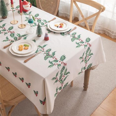 Nappe carrée de Noël, nappe de Noël à motifs de houx, nappe en lin et coton blanc, pour les fêtes, les réceptions, table, 140 x 140 cm (1/5)