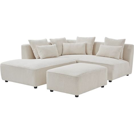 Canapé d'angle gauche et pouf en velours côtelé beige MECODI (1/4)