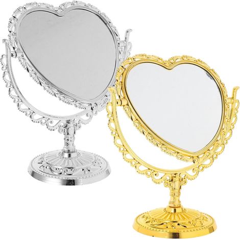 Ensemble 2 miroirs de maquillage vintage en forme de cœur, couleur or et argent, pour chambre à coucher (1/5)