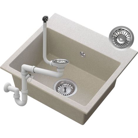 Évier de Cuisine en Granit Beige MILOS avec Siphon et Une Cuve