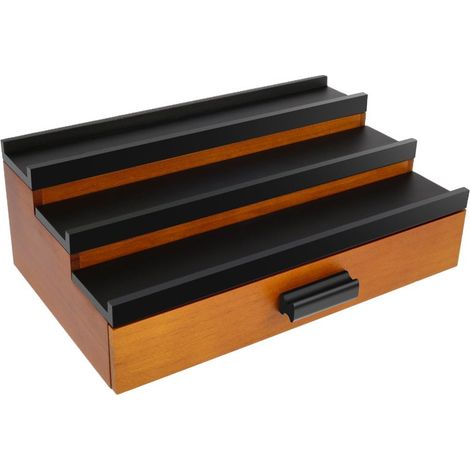 Organizador de perfumes LEEZDTTXAN con cajón y estantes elevados de 3 niveles para exhibir colonias de hombre y mujer en el dormitorio, vestidor o baño (negro/marrón).
