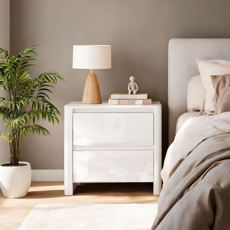 Ardenza White High Gloss 2 Drawer Bedside Cabinet Bedroom Storage Unit (1/5)