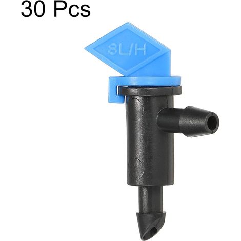 Confezione da 30 gocciolatori a bandiera – Sistema di irrigazione da giardino, rimovibili, con controllo del flusso e gocciolatore, per alberi e prati (8 litri all'ora, blu e nero)
