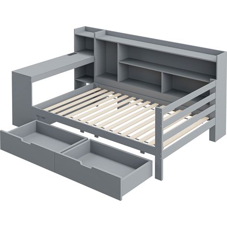 Lit banquette multifonction en bois 90 x 200 cm gris avec bureau, étagères, rangements et prises (1/5)
