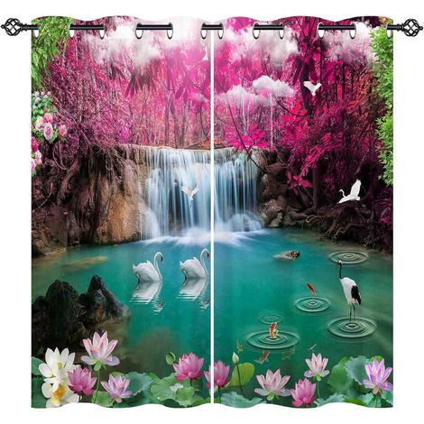 Rideau Occultant Nature Forêt Cascade Rivière Tenture Opaque à Oeillets Draperies Intérieurs Rideau Thermique Isolant pour Maison Chambre Salon Fenetre 2 Pièces L 132 x H 160 cm - 132L X 160H cm (2 Pa (1/5)