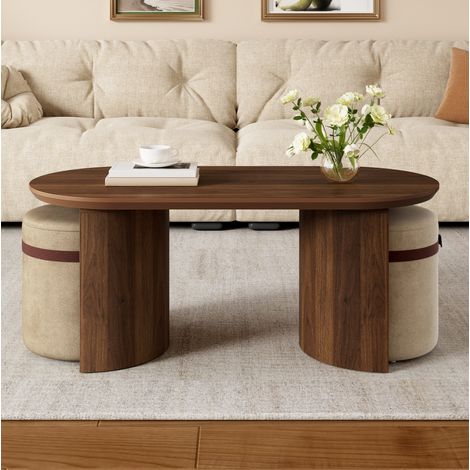 Mesa de centro ovalada con 2 taburetes, MDF y madera de pino, color nogal HAVRYA (1/5)