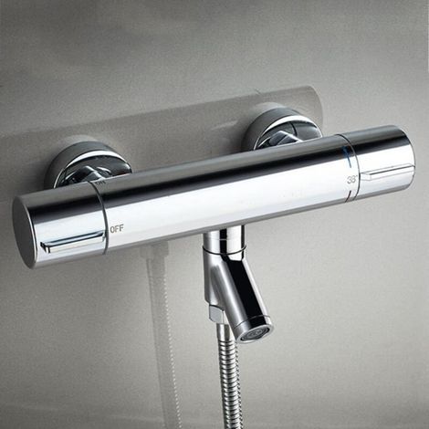Thermostatic shower faucet 38 °C, black, thermostatic for bathtub and shower, shower faucet with two outlets G1/2", made of chrome-plated brass. (1/5)