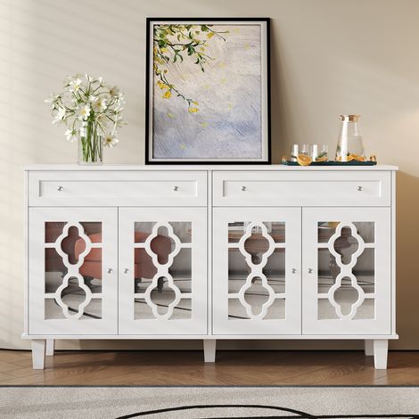 Kommode 140 cm, rechteckig, mit 4 Spiegeltüren, 2 Aufbewahrungsschubladen, Kristallgriffen, verstellbaren Einlegeböden, Wohnzimmermöbel aus Holz – Weiß
