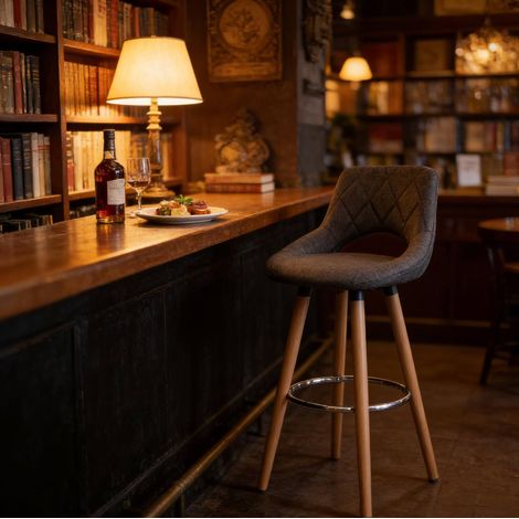 Tabouret de bar avec dossier et accoudoirs, 96 cm, assise en lin, pieds en bois, gris foncé REDOM (1/4)