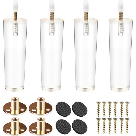 Lot de 4 Pieds de Meubles Coniques en Verre Transparent de 15 cm avec boulons M8 pré-percés 5/16", plaques de Montage et vis pour Armoire, canapé, lit, Table Basse (1/5)