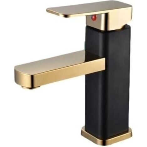 Warm- und Kaltwasserhahn für Badezimmer - geeignet für Badezimmer, Waschbecken usw. - mit Zulaufschlauch, 1 Stück, schwarz und gold.