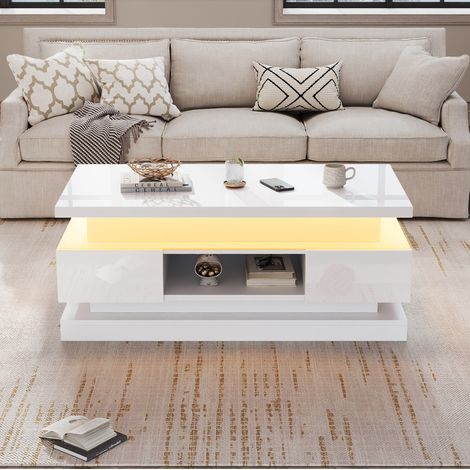 Table basse relevable 100x50x40 cm blanc en panneau de particules avec LED et rangement caché (1/5)