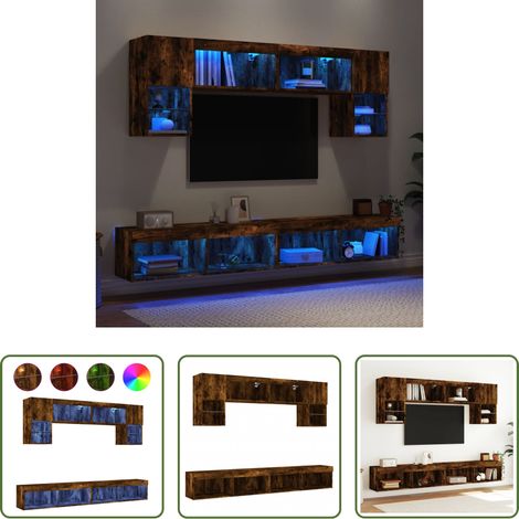 LED-Beleuchtung - 6-tlg. Wohnwand mit LED-Beleuchtung Räuchereiche Holzwerkstoff (1/5)