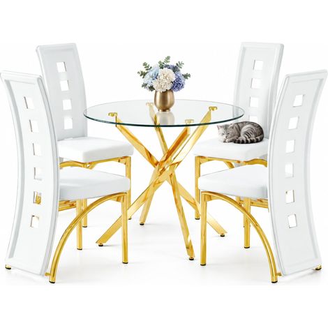 ELVMI Tisch und Stuhlset mit 1 Rundem Esstisch und 4 Stühlen, Glas, Metall und Kunstleder, Transparent, Weiß und Gold (1/5)