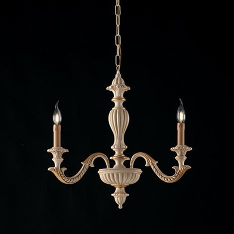 Araña de tres luces de madera marfil y pan de oro 43x h57 cm