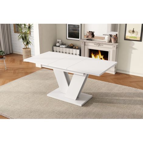 Table à manger extensible 120x80 cm jusqu' à 160x80 cm, 75 cm de hauteur, pour 4 à 6 personnes, rallonge intégrée et pieds en V, MDF, blanc (1/5)