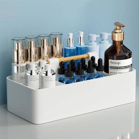 Boîte de rangement cosmétique en plastique empilable avec poignées adaptée à la salle de bain/cuisine/salon, etc. (blanc). (1/5)