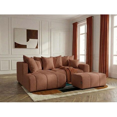 BOBOCHIC - Canapé d'angle L convertible coffre ROXELANE tissu chiné avec pouf Angle gauche  Orange