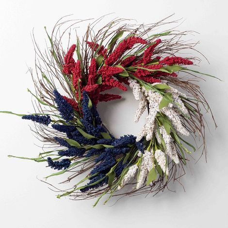Couronne De Porte - Couronne Patriote En Forme D'épis Simulés - Rouge Blanc Bleu - Pour 4 Juillet Et Été - Extérieur Intérieur - 1 Pièce (1/5)