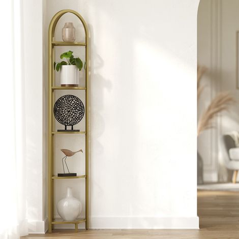 Étagère d’Angle à 5 Niveaux, Étagère de Salle de Bain, Verre Trempé, Cadre en Métal, Style Moderne, pour Salon, Cuisine, Doré (1/5)