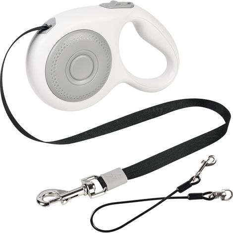 Laisse rétractable pour chien de 5 m , blanc,résistante aux morsures, avec mousqueton en fil de fer et sangle en nylon robuste, 360° antinœuds