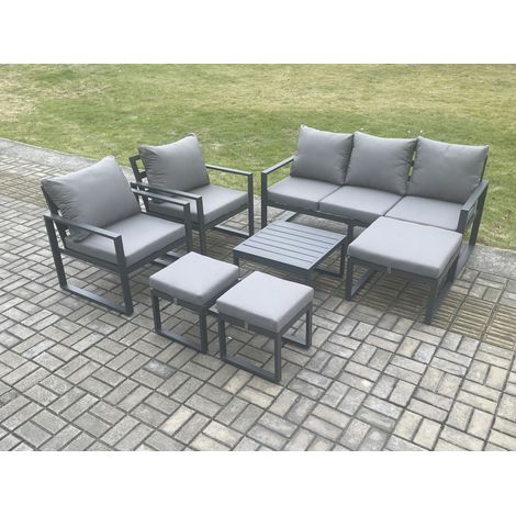 Fimous Aluminium Outdoor Lounge Sofa Set Garden Furniture Sets with Square Coffee Table 2 Chairs 3 Footstools Dark Grey 8 Seater (1/5)