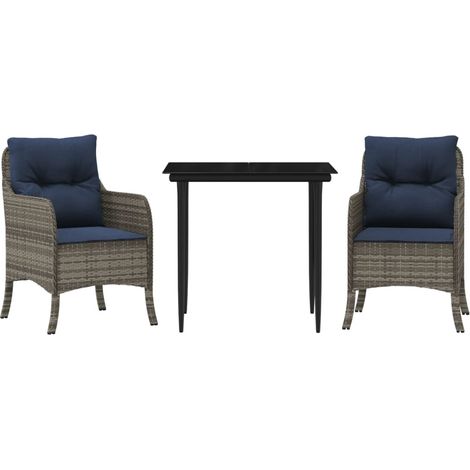 3 Piece Garden Dining Set with Cushions Grey Poly Rattan vidaXL (1/5)