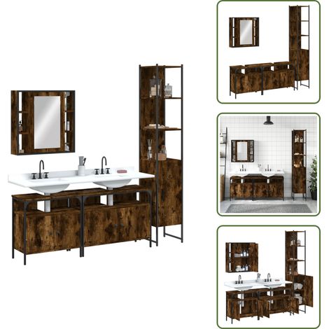 The Living Store 4-tlg. Badmöbel-Set Räuchereiche Holzwerkstoff - Badezimmermöbel - Badmöbel-Set - Spiegelkombination - Unterschränke - Handtuchhalter (1/5)
