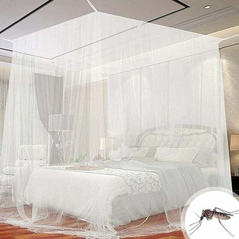 Moustiquaire de Lit Carrée en Polyester pour Double et Simple avec Outil Installation Protection Efficace Blanc (1/4)
