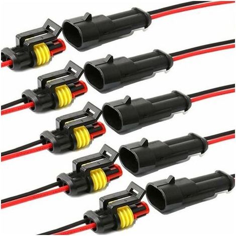 Connecteur étanche,connecteurs de Fils électriques autobloquants à 2 Broches avec Fil 16 AWG Marine pour Les connexions de Voiture,Camion,Bateau et Autres Fils. (5pack) (2pin Connector) (1/4)