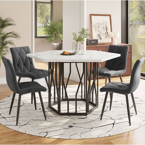 Set da pranzo con tavolo e 4 sedie in MDF, acciaio e velluto grigio/nero, tavolo effetto marmo 115,5x100x75 cm (1/5)