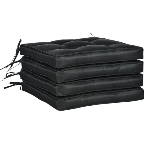 Outsunny Set of 4 Garden Seat Cushion with Ties, 42 x 42cm Replacement Dining Chair Seat Pad, Black