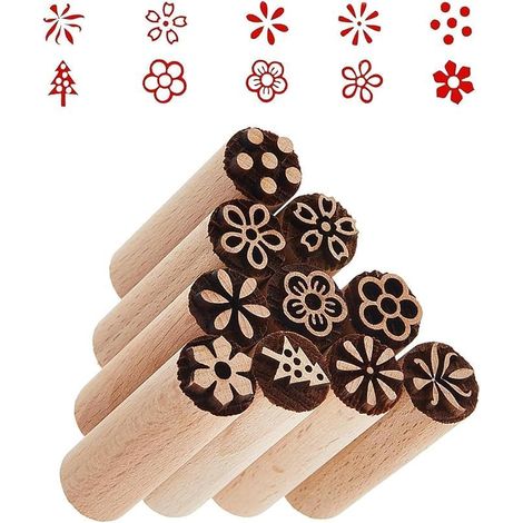 10 Pièces Tampon Lettre pour Argile en Bois Naturel Tampons Poterie Avec Motifs Fleurs et Géométriques Tampon Argile Outils de Poterie pour Argile Céramique et DIY(5x1.5CM) (1/5)
