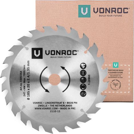 Vonroc – Lame de scie circulaire 185mm – 24 dents pour bois dur – Alésage 20mm – Coupe nette sans éclat – Acier au carbone