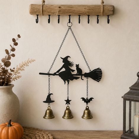 Carillon éolien créatif d'Halloween « Sorcière et Lune » – Décoration suspendue en métal pour la maison et les fêtes (balai de sorcière et clochette) (1/4)