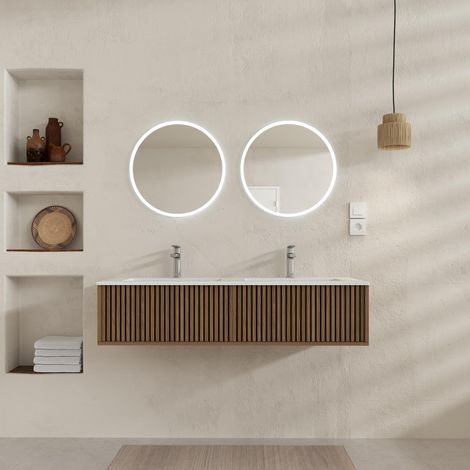 Mueble de Baño 2 cajones 120 Roble y Negro - Lavabo Blanco - Espejos LED 60