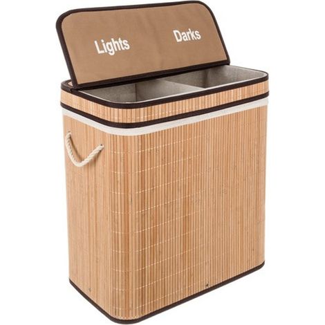 PALI Panier à linge robuste en bambou - 100 L - 2 compartiments - moderne et élégant (1/5)