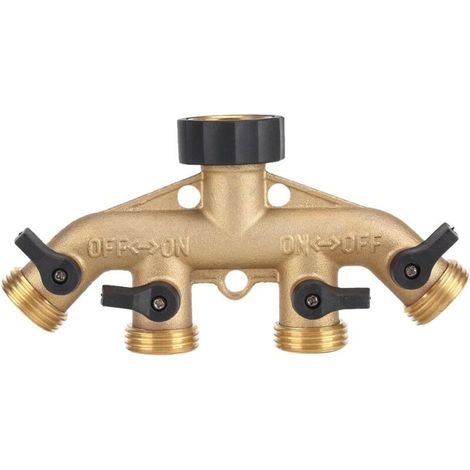 Connecteur de tuyau d'arrosage à 3/4 fils en laiton robuste à 4 voies Adaptateur séparateur col de cygne Connecteur de vanne d'arrêt de tuyau d'arrosage pour pelouse jardin - RW