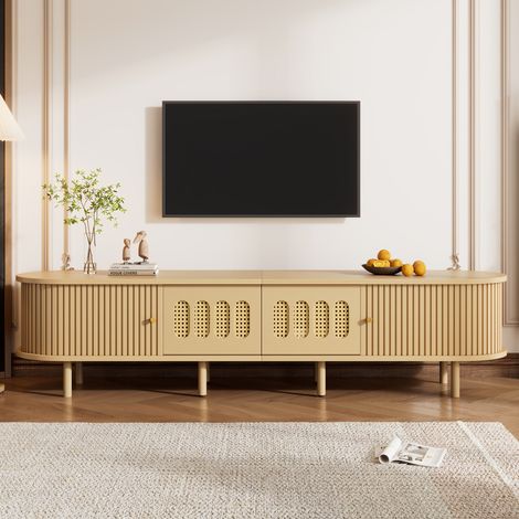 Mobile porta TV 180x40x40 cm per televisori fino a 75 pollici, 2 cassetti in rattan, MDF naturale (1/5)