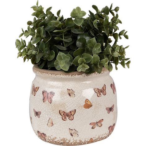 Pot de fleurs d'intérieur beige à papillons 16x13cm (1/2)