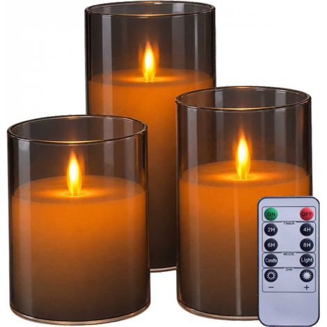 Lot de 3 bougies à LED en cire, flamme vacillante, luminosité réglable - Minuterie 2, 4, 6, 8h - Gris - Vivezen