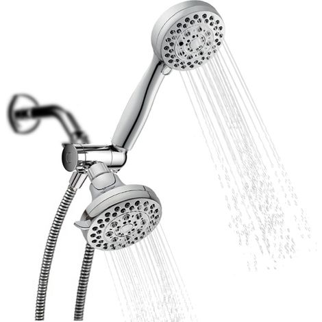 Pommeau de douche à main effet pluie, 5 jets, haute pression, avec inverseur d'eau à 3 voies, flexible en acier inoxydable et support de douchette chromé poli. (1/2)