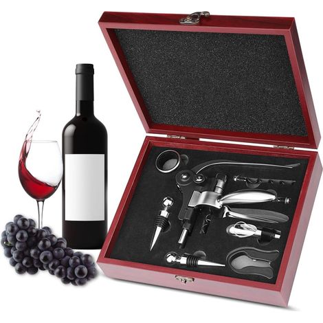 Coffret tire-bouchon en acajou – Coffret cadeau avec ouvre-bouteille, coupe-capsule, bouchon, bec verseur et anneau anti-gouttes.-AquaForge (1/5)