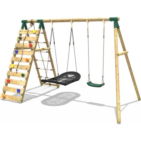 Rebo Wooden Swing Set with Up and Over Climbing Wall - Sage Green
