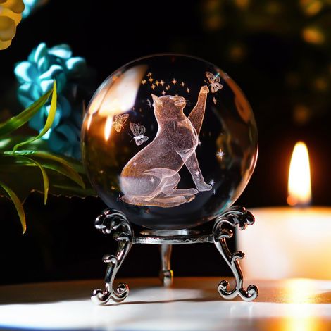 Boule de Cristal en Forme de Chat avec Support - Globe en Verre gravé au Laser 3D - Art décoratif - Presse-Papier - Cadeau pour Femme (6,3 cm, Transparent) (1/5)