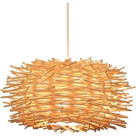 [Très grand] Lustre vintage en rotin E27 en forme de nid d'oiseau, en bambou naturel, idéal pour un salon, une chambre, une salle à manger ou un café. Hauteur réglable (avec ampoule chaude). (1/4)