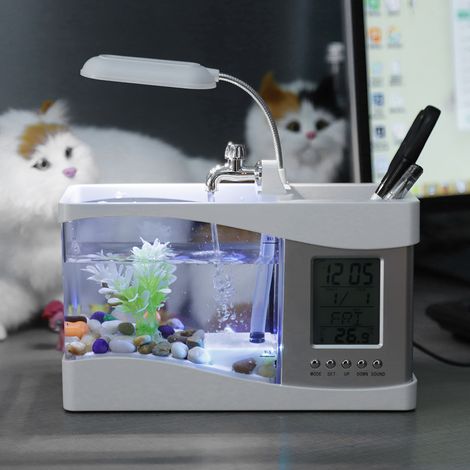 Mini aquarium multifonctionnel rechargeable par USB avec horloge et éclairage LED blanc (1/5)