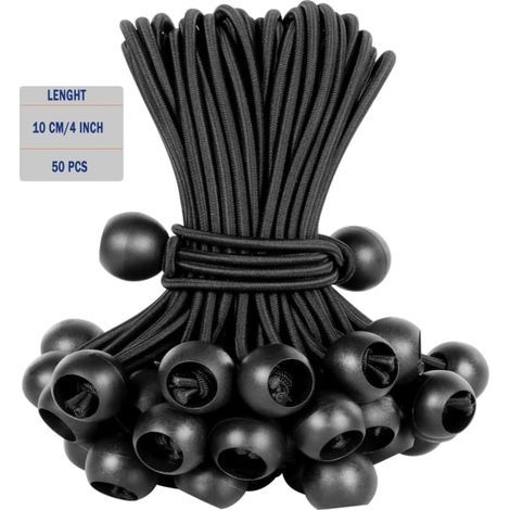 Lot de 50 pelotes élastiques, corde noire pour bâche, résistante aux UV, avec sangles en caoutchouc pour bâches, draps, amarrages, poteaux et câbles, noir (10 cm x 4 pouces). (1/5)