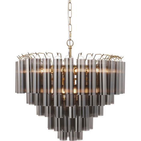 Endon Toulouse Plafonnier suspendu en laiton satiné, verre lustré gris fumé, 12 x G9