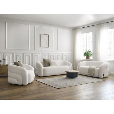 BOBOCHIC - Ensemble canapé droit fixe 3 + 2 places + fauteuil pivotant ELINA tissu bouclette Blanc (1/5)